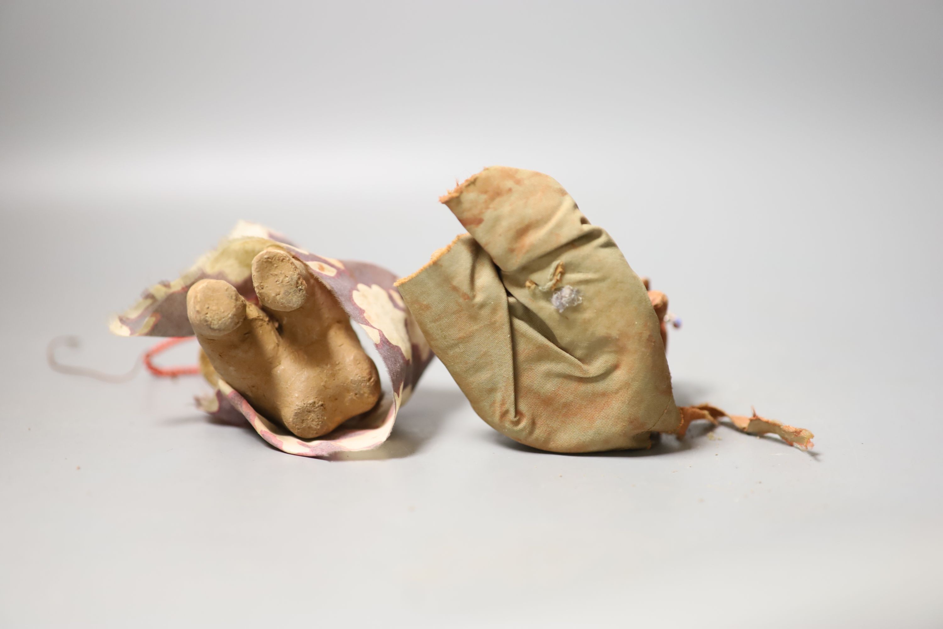 2 Tanzanian terracotta cloth and beadwork medicine or witch doctor figures-  Provenance- vendors parents bought figures in Nairobi in